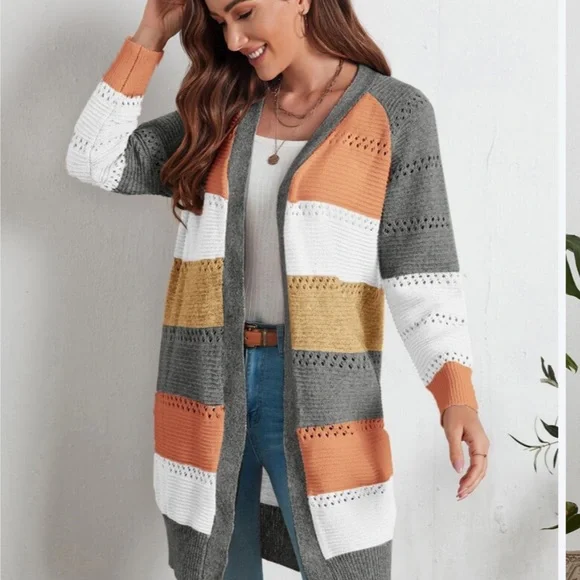 COLOR BLOCK MEDIUM RAGLAN SLEEVE LONG CARDIGAN NWT - Picture 2 of 6